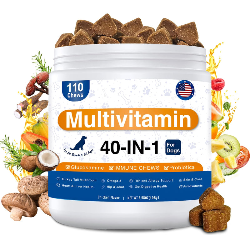 Dog Multivitamin, 40-in-1 Dog Vitamins and Supplements Chewable Contain Probiotics Omega-3 Glucosamine, Multivitamin for Dogs Skin Coat Heart Joint Liver Brain Eyes Immune Support (110ct) 110 Count
