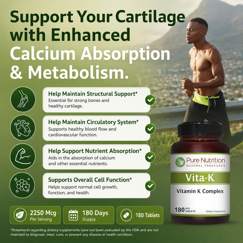 Pure Nutrition Vitamin K Complex K1 + K2 | 2250 mcg | 180 Tab | Full Spectrum K Vitamin Supplement with K1 1000mcg | Non GMO | Gluten Free 180 Count (Pack of 1)