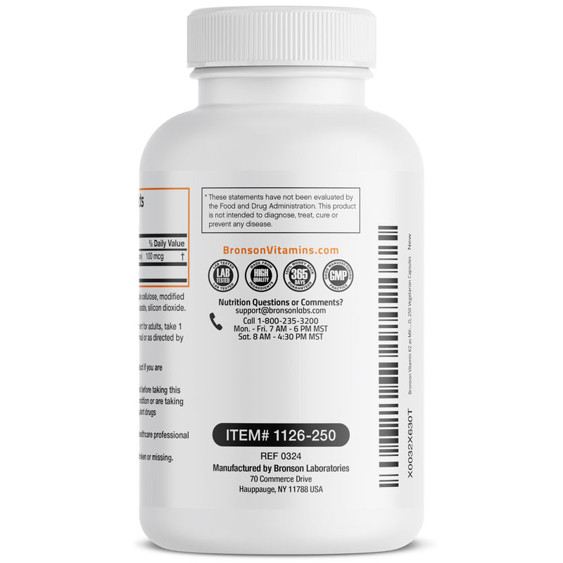 Bronson Vitamin K2 as MK-7 Menaquinone 100 mcg Non-GMO, 250 Capsules Unflavored 250 Count (Pack of 1)