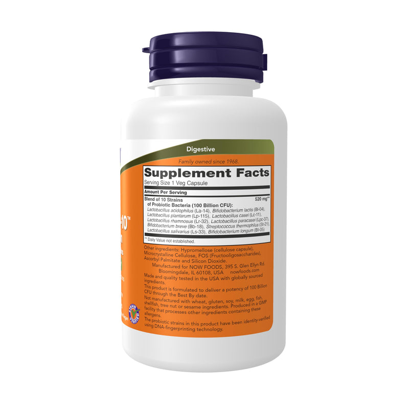 NOW Foods Supplements, Probiotic-10™, 100 Billion, with 10 Probiotic Strains,Dairy, Soy and Gluten Free, Strain Verified, 60 Veg Capsules 60 Count (Pack of 1)