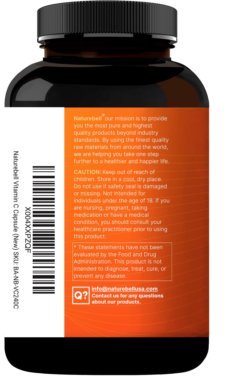 NatureBell Vitamin C 2000 mg Per Serving, 240 Vegetarian Capsules | Water & Fat Soluble Vitamin C for Daily Use (Ascorbic Acid & Ascorbyl Palmitate) | Non-GMO, Gluten Free