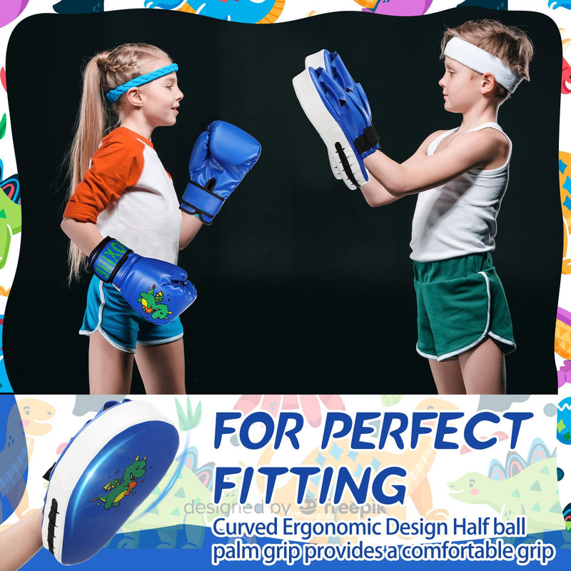 Boxing Gloves and Punching Mitts Set 4oz Gloves Boxing Pads Kids Youth Sparring Gear Training Equipment for Taekwondo Kick Karate Muay Thai MMA Martial Art Blue Dragon