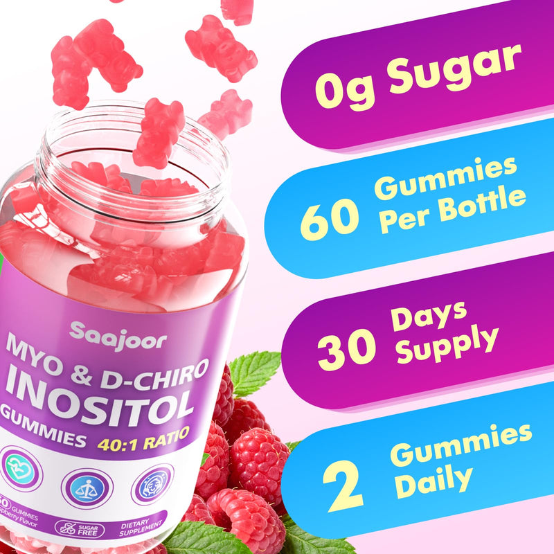 2 Pack Myo-Inositol & D-Chiro-Inositol Gummies with Vitamin D3, Magnesium Glycinate, Folate & Zinc, Inositol Supplement for Female Health, Vegan, Raspberry Flavor, 120 Gummies 2pack