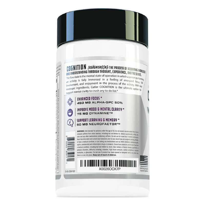 Cutler Nutrition Cognition Nootropic Brain Focus Supplement, 60 Capsules | Alpha GPC, Dynamine, caffeine and L-theanine for mental clarity, memory, concentration and sustained focus at work or study