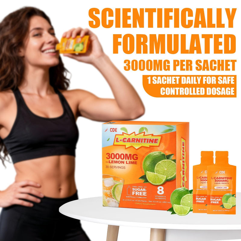 CDE Liquid L-Carnitine 3000mg Packets with Vitamin B5 B6 & Electrolytes - On-the-Go Travel Pouches for Pre-Workout Energy & Fat Metabolism - Fat Burner Formula, Sugar Free｜Lemon-Lime Flavor, 15 Count 0.51 Fl Oz (Pack of 15)