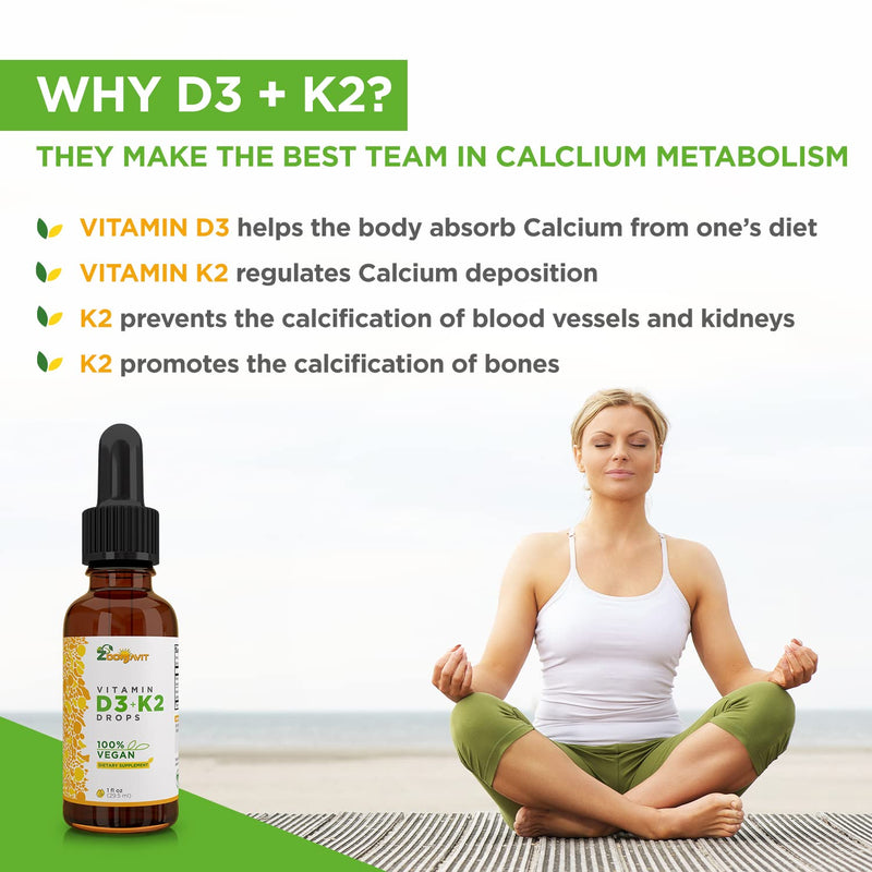 Vegan Liquid Drops Vitamin D3 K2 (MK7) - 100% Plant Based Liquid Vitamin D Enhanced with Coconut Oil for Max Absorption - 1 Serving = 1000 IU VIT D3 and 200 mcg VIT K2