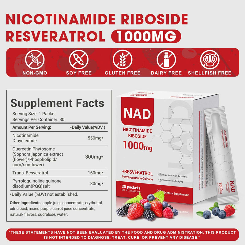 NAD+ Supplement 1000mg – NAD Liquid Stick Packs with Nicotinamide, Resveratrol, PQQ & Quercetin – Berry Flavor – Supports Cellular Energy, Focus & Healthy Aging – 30 Packets