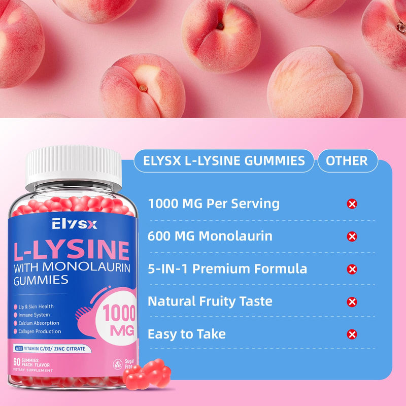 L-Lysine Gummies 1000mg, Sugar-Free Chewable Lysine with Monolaurin Supplement for Adults & Kids, Lips & Oral Health, Immune & Overall Health, Natural Peach Flavor, 60 Count 1 Count (Pack of 60)