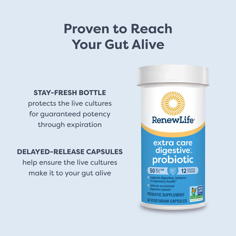Renew Life Extra Care Digestive Probiotic 50 Billion CFU | 60 Vegetarian Capsules | Supports Digestive, Immune & Respiratory Health| Dairy, Soy and Gluten Free Supplement 60 Count (Pack of 1)