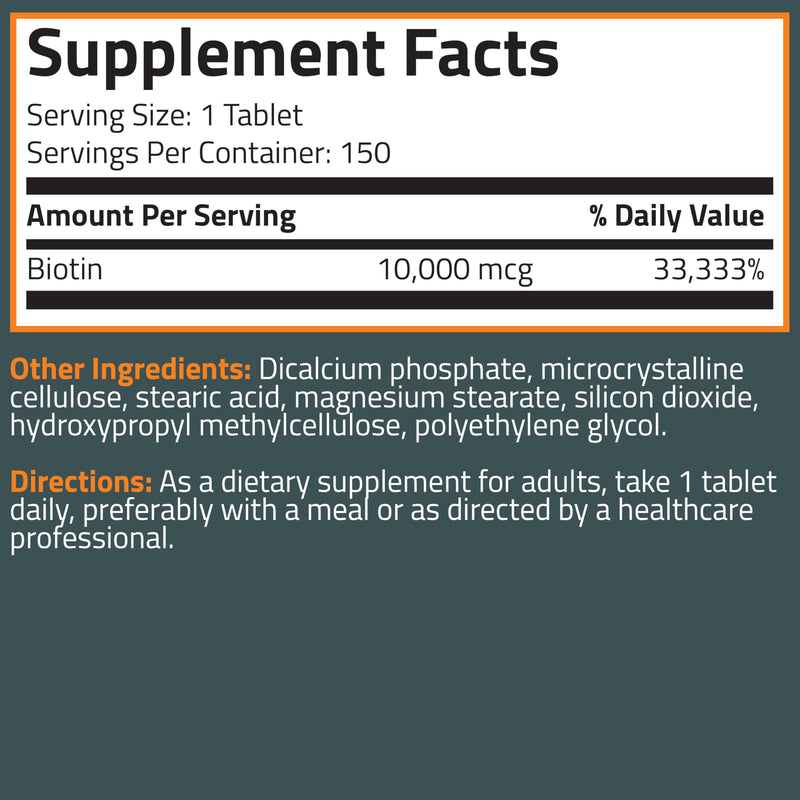 Bronson Biotin 10,000mcg, Supports Healthy Hair, Skin and Nails, Vegetarian, Non-GMO, 150 Tablets Unflavored 150 Count (Pack of 1) - BeesActive Australia