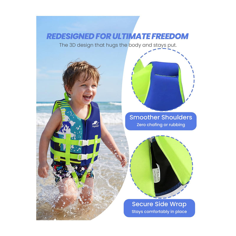 Gogokids Toddler Swim Vest, Premium Swim Vest for Kid Swimming Jacket for 30-40-50-60-70-80 Lbs Girls and Boys, Toddler Floaties Swimming Aid with Dual Safety Strap for 2-9 Years in Pool/Puddle/Beach A-Blue L(6-9yrs/66-77lbs)
