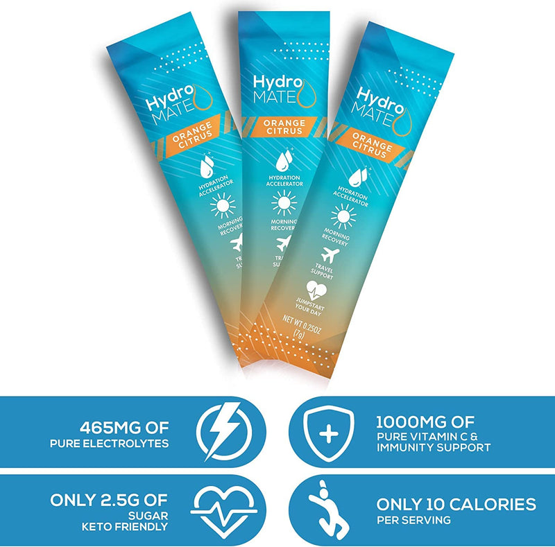 HydroMATE Electrolytes Powder with Low Sugar - 16 Instant Hydration Packets with Vitamin C Orange to Boost Energy - Low Sugar Electrolytes Powder Packets to Support Hydration for Fast Party Recovery 16 Count (Pack of 1)