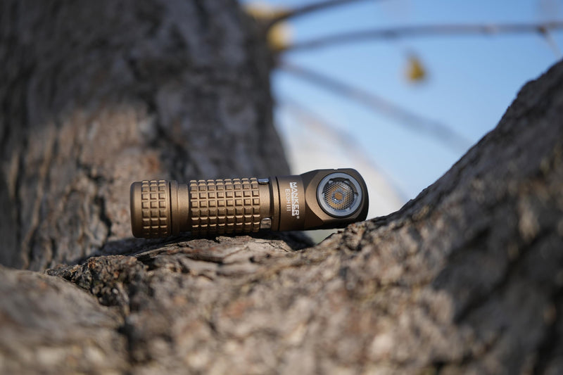 Manker E03H III Rechargeable Headlamp - 1200 Lumens Pocket Mini Flashlight with Clip - 90 Degree EDC AA Right Angle Flashlight with Headband and Magnet Tail (Sand)