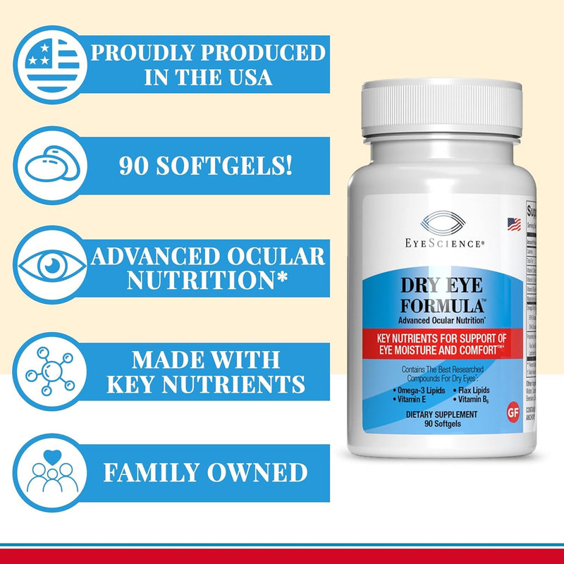 EyeScience - Dry Eye Formula - 90 Softgels - for Relief, Omega-3, Vitamins E, C & B6, Magnesium - Tear Production & Lasting Comfort - 2 Pack 90 Count (Pack of 2)