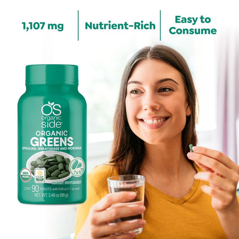 Organic Greens (Spirulina, Wheatgrass & Moringa) 90 Tablets - Rich in Vitamins and Minerals - Super Greens 1100 mg - Certified USDA - Non GMO - Vegan