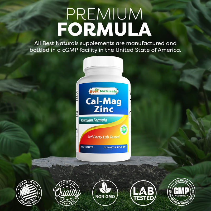 #1 CAL MAG ZINC by Best Naturals - Essential Mineral Complex - Manufactured in a USA Based GMP Certified Facility and Third Party Tested for Purity. Guaranteed!!, 180 Tablets Unflavored 180 Count (Pack of 1)
