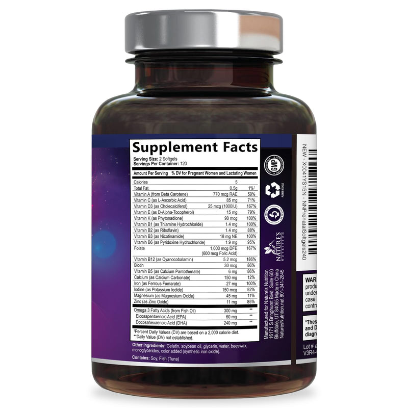 Prenatal Vitamins for Women with Folic Acid + Omega 3 DHA for Fetal Brain Development, Best Prenatal Vitamin Supplement, Daily Pregnancy Multivitamin Nutritional Support, Non-GMO - 240 Softgels 240 Count (Pack of 1)