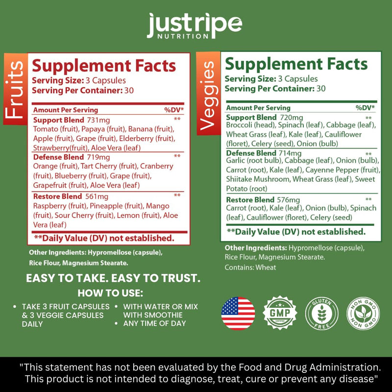 Fruits and Veggies Supplement - 90 Fruit and 90 Vegetable Capsules - 100% Whole Natural Superfood - Filled with Super Greens Vitamins and Minerals - Supports Balance Energy Levels (2 Pack) 90 Count (Pack of 4)