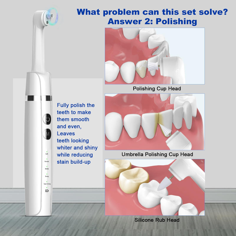 Tooth Polisher,Teeth Polishing Kit for Daily Cleaning,Polishing Then Whitening of Tooth (Professional toothpaste include),USB Rechargeable Dental Polisher with LED Light,6 Heads,5 Speed Modes White - BeesActive Australia