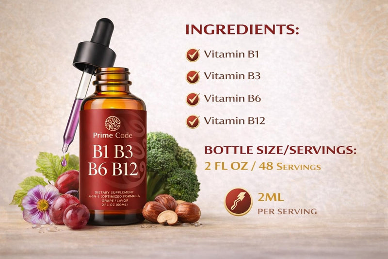 Prime Code Liquid Vitamin B1 Drops with Vitamin B3 B6 & B12 | B Complex Liquid Supplement | Thiamine Supplement for Adults | High Absorption | Immune Support | Non-GMO | Gluten-Free