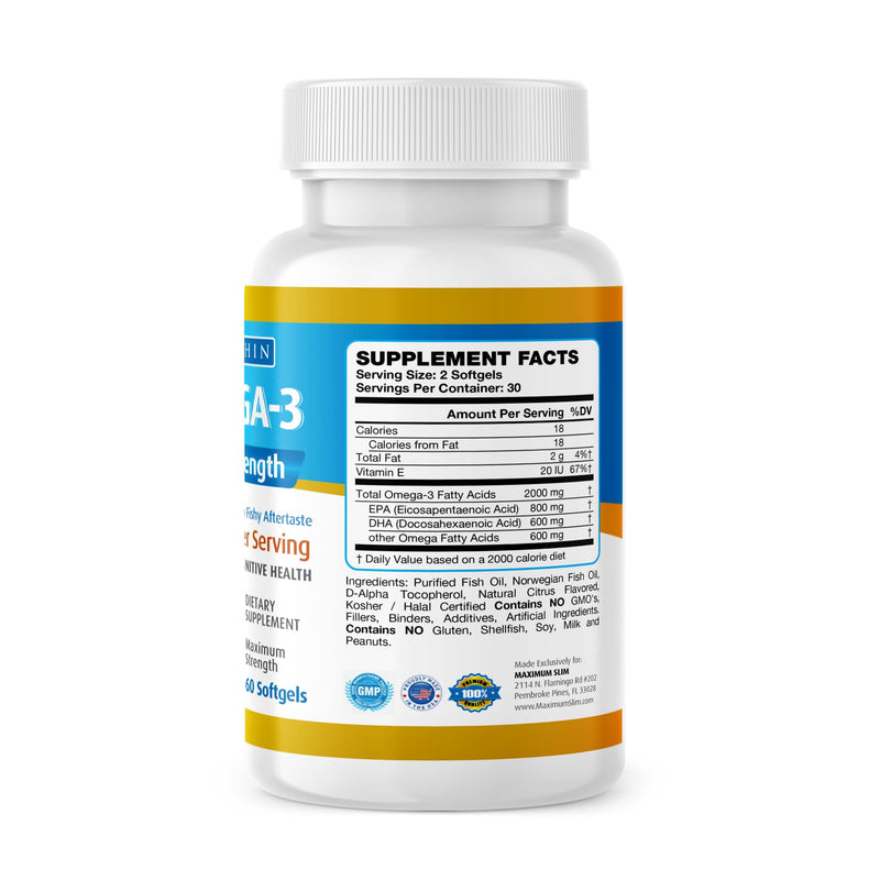 Maximum Slim Max Omega 3 Fish Oil Pills - Triple Strength Fish Oil Supplement (2000 mg Total Omega 3 Fatty Acids: 600mg DHA + 800 mg EPA per Serving)