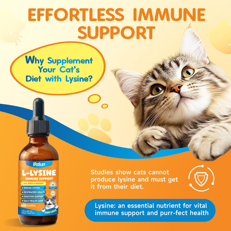 L-Lysine Supplement for Cats - Immune Support Lysine Drops of All Ages - Feline Respiratory, Sneezing, Runny Nose, Eye Function - Boost Natural Strengthen Defenses, Roast Chicken Flavor 60 ML