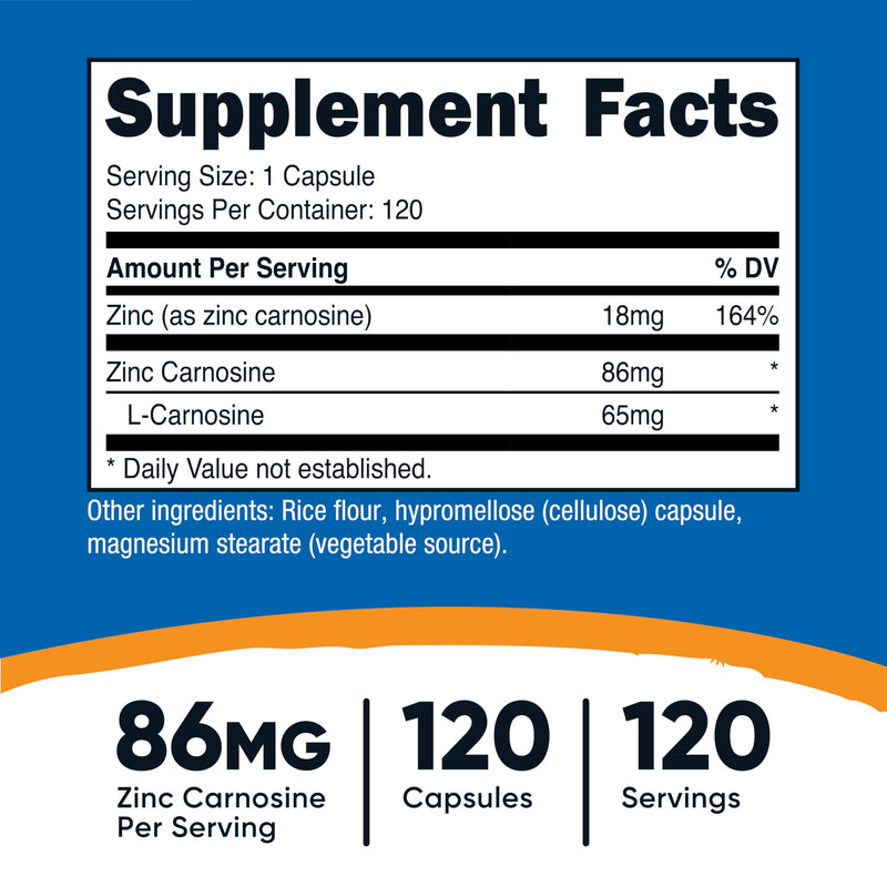 Nutricost Zinc Carnosine 86mg, 120 Capsules - Non-GMO, Gluten Free, Zinc L-Carnosine Supplement - BeesActive Australia