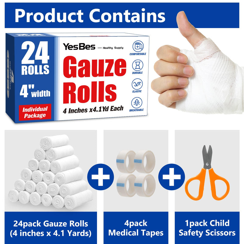 24 Pack Gauze Rolls, 4 in x 4.1 Yards, Premium Gauze Wrap Roll for Wounds, Bandage Wrap Rolled Gauze, Mummy Wraps, Individually Wrapped A-24p - BeesActive Australia