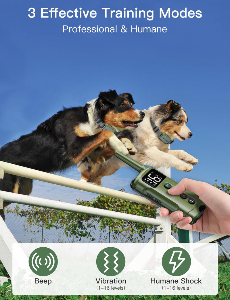 Dog Shock Collar 2 Dogs - 3300FT IP67 Waterproof Dog Training Collar with Remote, 3 Modes Electric Dog Bark Collar for All Breeds, Beep/Vibration/Humane Shock (1-16 Levels) Avocado Green 2-Pack - BeesActive Australia