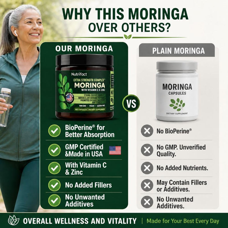 Moringa Capsules with Vitamin C, Zinc & L-Lysine – Immune Support, Vegan | Oleifera leaf extract with ginger for energy, antioxidant and digestion; non-GMO, made in USA; 60 count