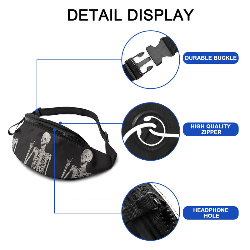 Rock And Roll Skeleton Skull Boho Hippie Fanny Pack For Women Man Sport Waist Pack Bag Adjustable Workout Waist Bag, Black 4, One Size
