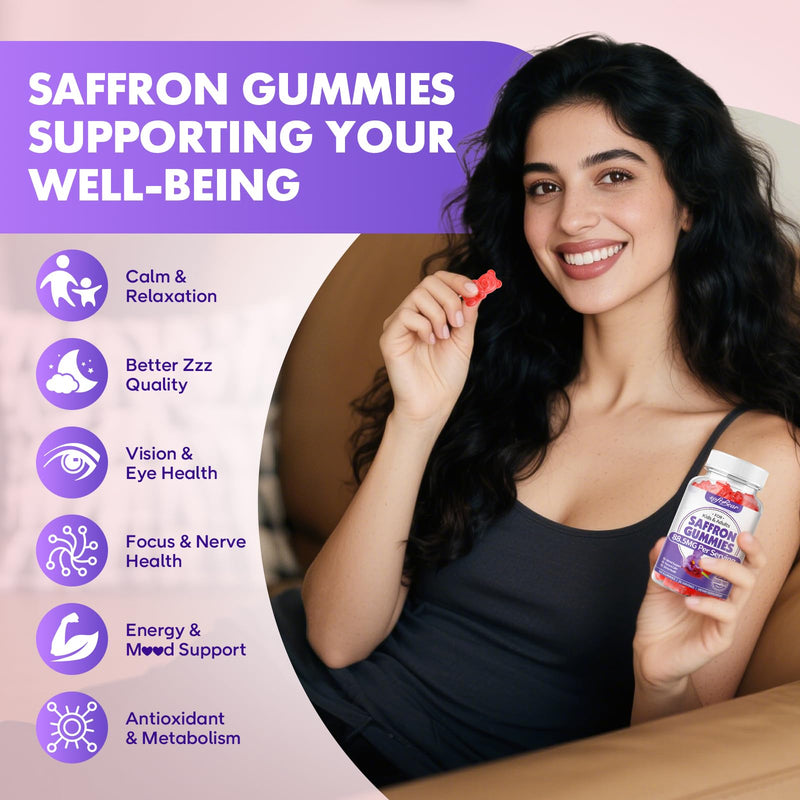 softbear Saffron Gummies for Kids & Adults, 10-in-1 Organic Saffron Supplements with 88.5mg Saffron Extract Support Calm Mind & Focus & Zzz, Sugar Free/Non-GMO, Strawberry Flavor 60 Count 60 Count (Pack of 1)