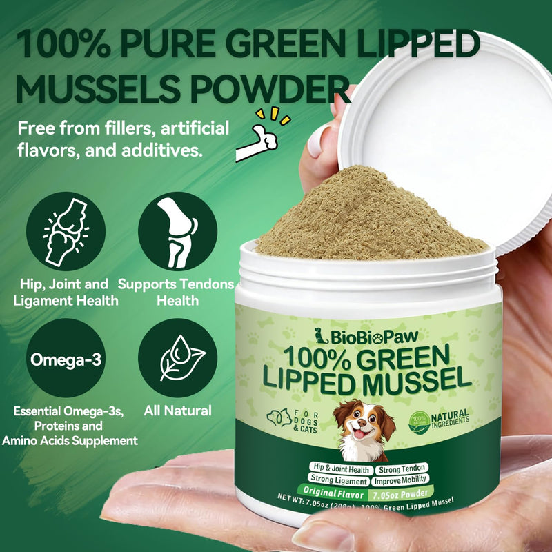 Pure Green Lipped Mussel Powder for Dogs & Cats 100% New Zealand Sourced Supports Hip & Joint Flexibility, Mobility, Tendons & Muscle Strength 200 Grams Made in USA