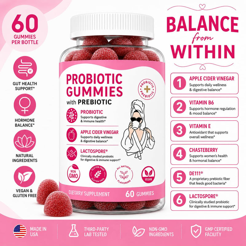 Balancing Act - Women’s Probiotic Gummies with Prebiotic, Apple Cider Vinegar, LactoSpore®, DE111®, Vitamin B6 and Vitamin E – 60 Count (30 Day Supply)