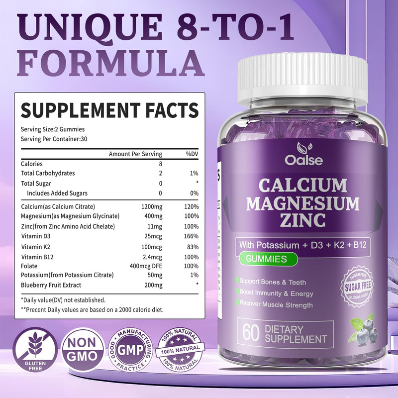 Calcium Magnesium Zinc Gummies with Vitamin D3 K2, Sugar Free Calcium Gummy | Calcium 1200 mg with Vitamin D3 for Muscles, Sleep Support, Calcium Citrate for Women Kids, Blueberry Flavor, 120 Count 120 Count (Pack of 1)