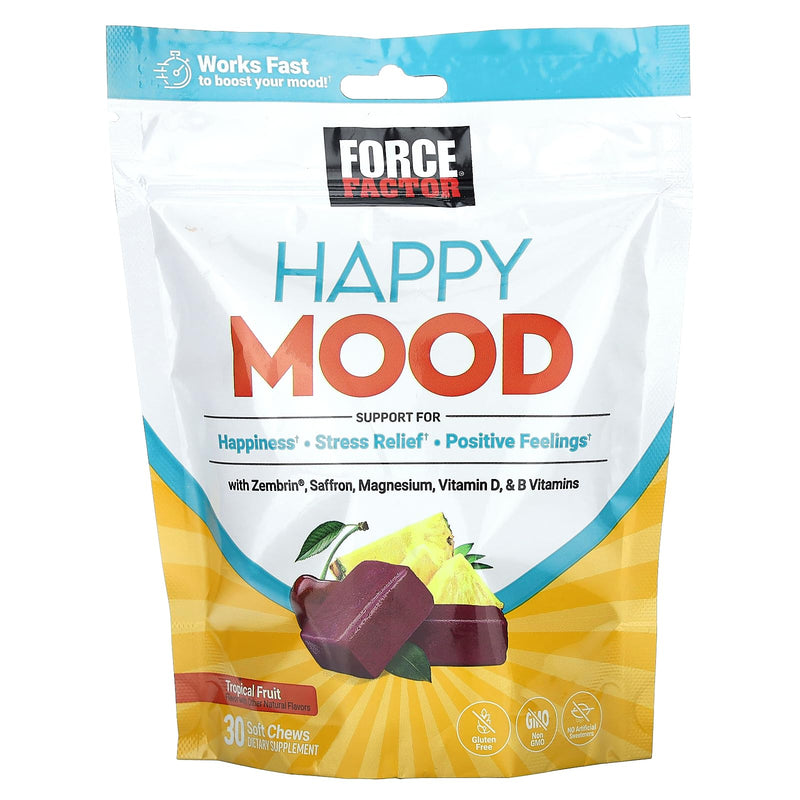 Force Factor Happy Mood, Mood Support & Balance Supplement | Support Happiness, Positivity & Stress Relief, Magnesium, Saffron, Zembrin, Non-GMO, Tropical Fruit Flavor, 30 Soft Chews 30 Count (Pack of 1)