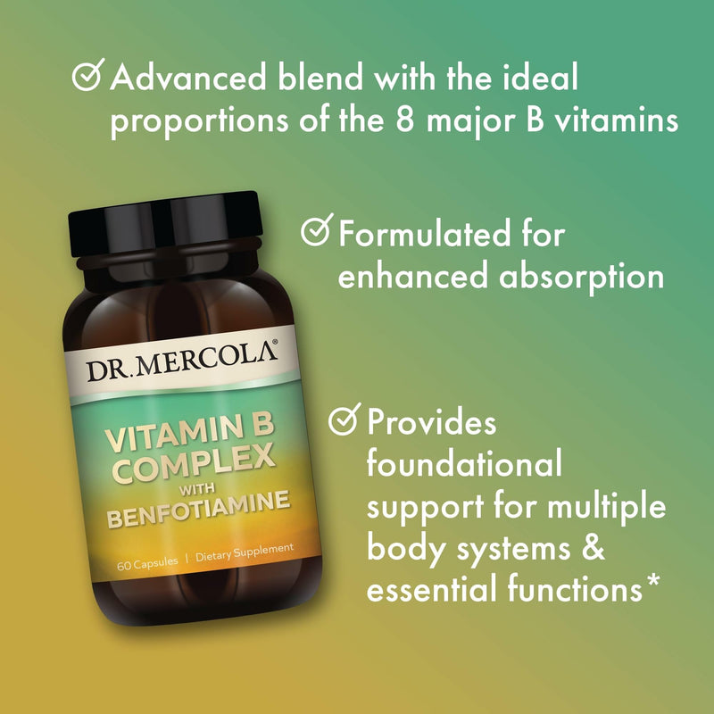 Dr. Mercola Vitamin B Complex with Benfotiamine, 60 Capsules (30 Servings) | Supports Cellular, Brain, and Immune Health, All 8 B Vitamins with Benfotiamine, Non-GMO, Gluten-Free, and Soy-Free 60 Count (Pack of 1)