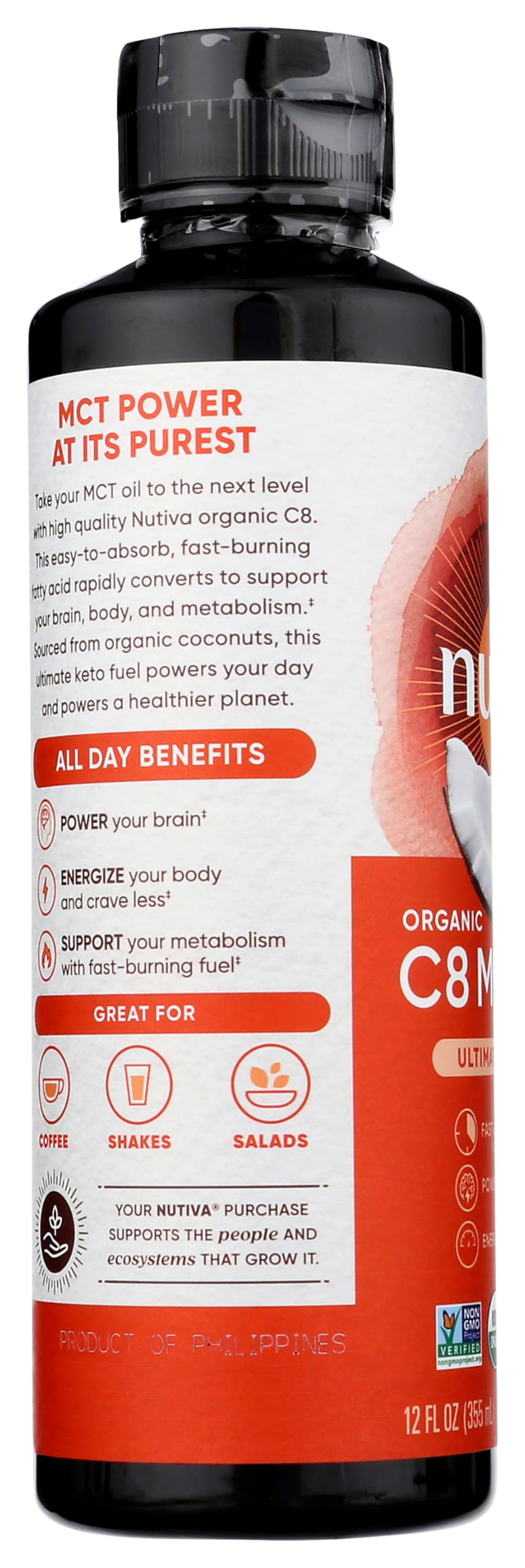 Nutiva Organic MCT Oil C8. 12 Fl Oz. Unflavored Medium Chain Triglycerides from Non-GMO Coconut. Ultimate Keto Fuel, Pure MCT Oil for Coffee, Low Carb, Energy and Metabolism Support - BeesActive Australia
