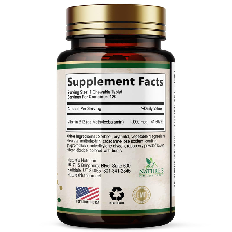 Vitamin B12 - 1000 mcg Per Serving Maximum Strength Methylcobalamin B-12 Chewable Tablet - Energy, Nervous System & Brain Support - Fast Dissolve, Gluten-Free, Non-GMO for Women & Men - 120 Tablets 120 Count (Pack of 1)