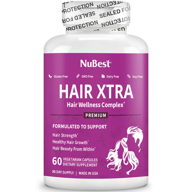 NuBest Hair Xtra Hair Growth Vitamins for Women & Men, Biotin 3000 mcg Hair Supplement with MSM, Zinc, B Vitamins, Horsetail & Hyaluronic Acid, Hair Skin and Nails Support, 60 Capsules 60 Count (Pack of 1)