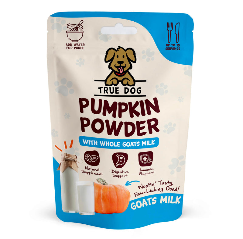True Dog Pumpkin Powder with Goats Milk 100g | Natural Pumpkin Puree Powder for Dogs, Digestive Supplement, Stool Firming, High Fibre Dog Food Topper, Manufactured in the UK