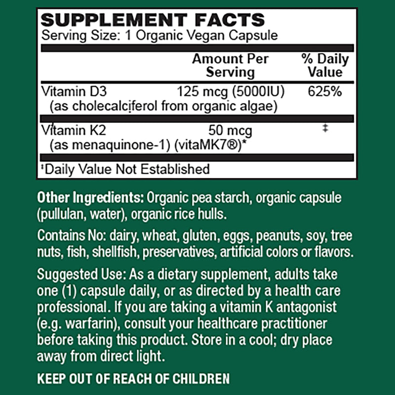 PlantFusion Organic Vegan Vitamin D3 + K2 5,000 IU, 50MCG – Vitamin D Sourced from Plant Based Lichen and Vitamin K2, for Immune Support and Bone Health - 60 Capsules 60 Count (Pack of 1)