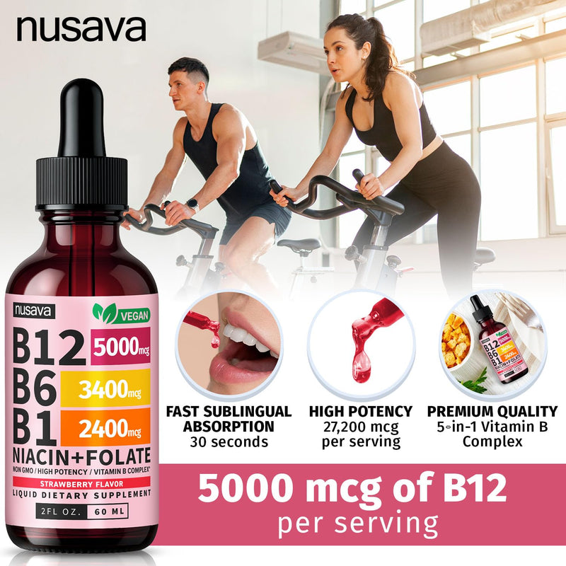 NUSAVA (4 Pack) Vitamin B12 Liquid Drops 5000mcg - B12 Sublingual with B6 & Vitamin B Complex - Methylcobalamin B12 Drops for Women & Men -Vegan Supplement, Non-GMO, Strawberry (2 Fl Oz, 160 Servings) 2 Fl Oz (Pack of 4)