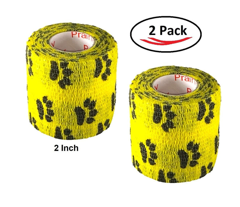 Vet Wrap Wrap Tape (Yellow with Paw Prints) (2 Pack) (2 Inch x 15 feet) Self Adhesive Adherent Adhering Cohesive Flex Self Stick Bandage Grip Roll Dog Cat Pet Horse 2 Inch 2 PACK Yellow With Black Paws - BeesActive Australia