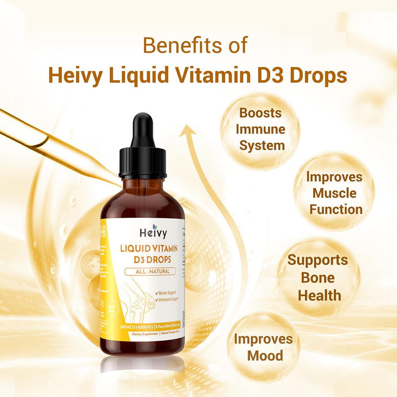 Heivy Liquid Vitamin D Drops 4000 IU (100 mcg), 2 Fl Oz (60ml) | Vitamin D3 for Bone Health Support, Pineapple Flavor Vegan VIT D3 Drops, Made in USA 2 Fl Oz (Pack of 1)
