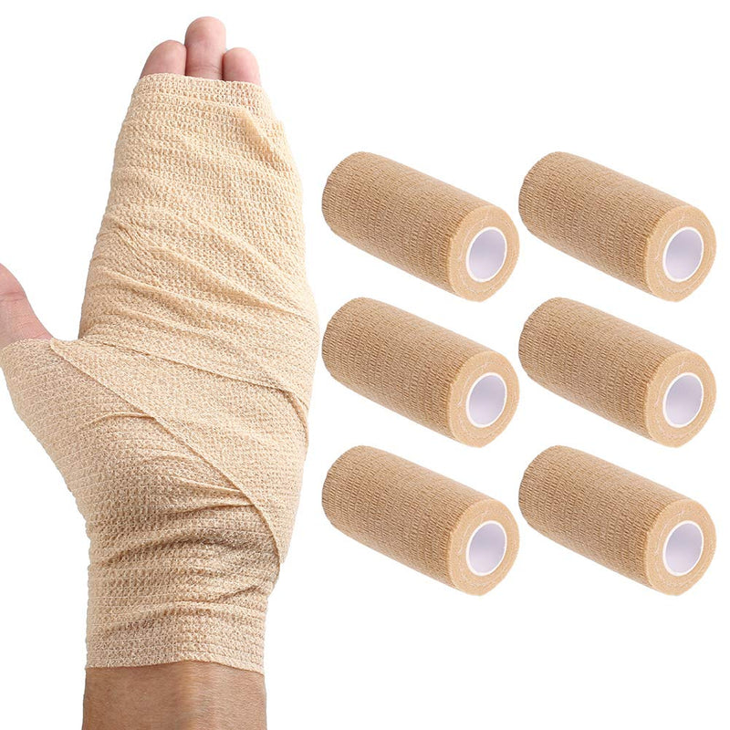 LotFancy Self Adhesive Bandage Wrap, 6 Pack, 4 in x 5 Yards, Non Woven Elbow Cohesive Bandage, First Aid Medical Tape for Ankle, Knee & Wrist Sprains, Tan Color 4x180 Inch (Pack of 6) - BeesActive Australia