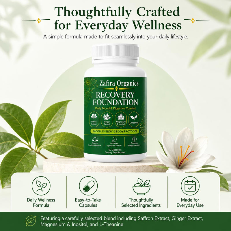 Recovery Foundation Supplement, Mood & Digestive Comfort Support with Saffron Extract, L-Theanine, Myo-Inositol, Magnesium, Ginger, Vitamin D3 & B12, Daily Energy, 60 Capsules