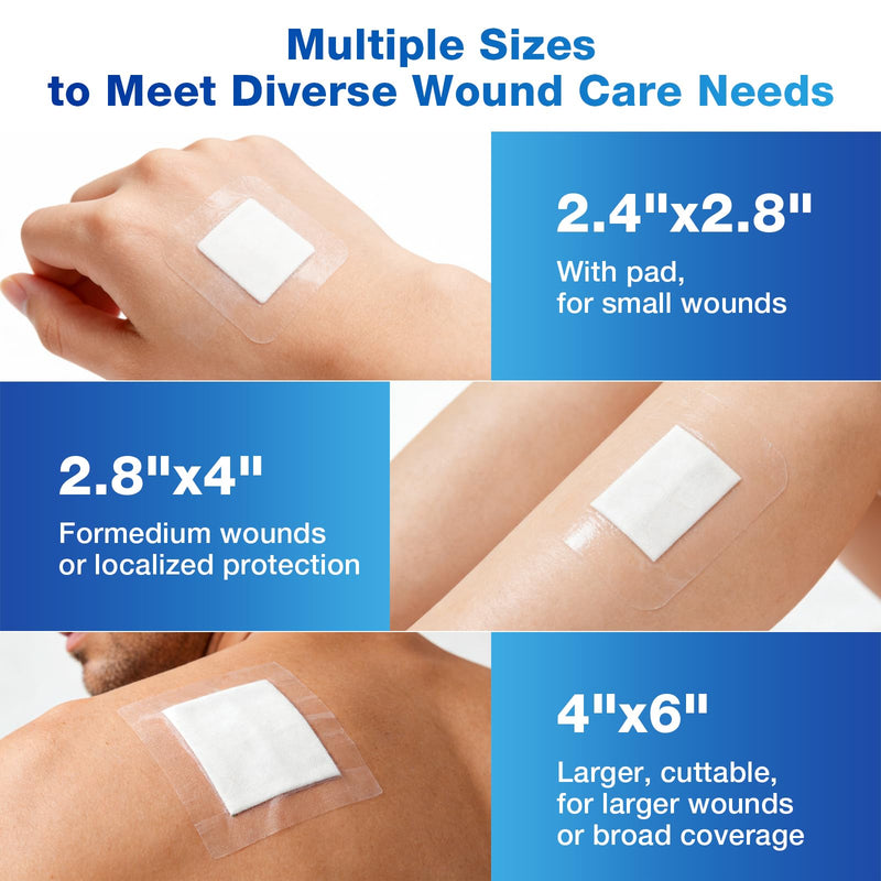 Transparent Film Dressing with Pad 50 Pack,Waterproof Adhesive Bandages for Wound Care,IV Shield, Tattoo Aftercare, Shower Protector(4"x 6") 4"x 6"