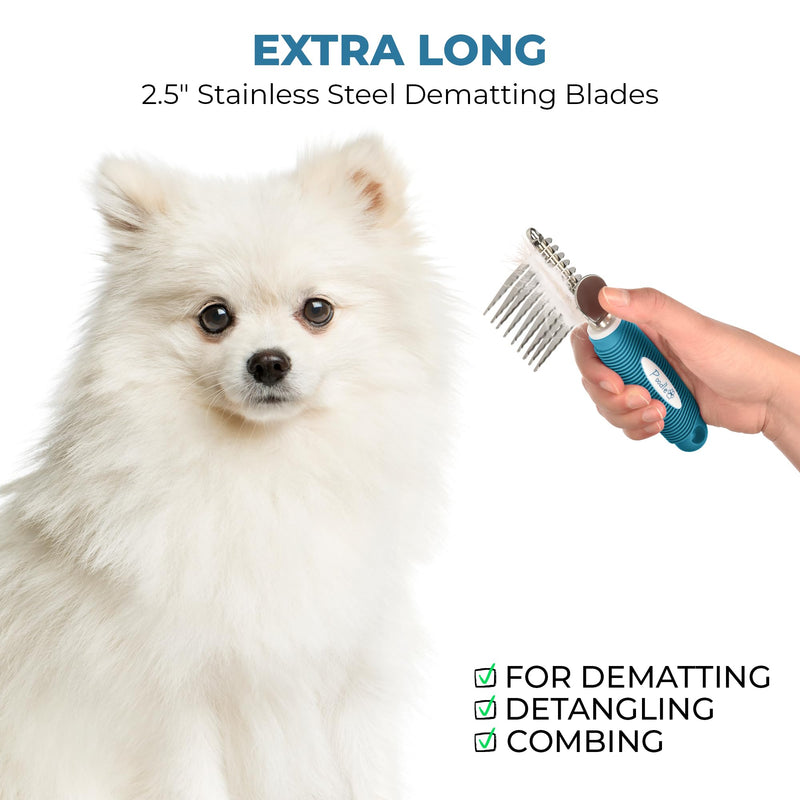 Poodle Pet Dematting Fur Rake Comb Brush Tool - Dog and Cat Comb with Long 2.5 Inches Steel Safety Blades for Detangling Matted or Knotted Undercoat Hair (Blue, Dematting Comb) Blue - BeesActive Australia