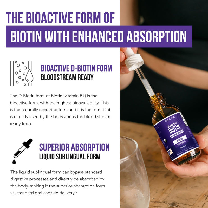 Liquid Biotin 10,000mcg Drops for Women – Organic USP Grade Dietary Supplement – High-Absorption Formula – Supports Healthy Hair, Skin & Nails – Natural Berry Flavor – 180 Servings, 2 oz